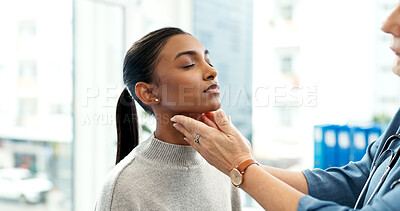 Buy stock photo Checking, healthcare and neck with woman in doctor office for appointment or assessment. Infection, inflammation and lymph nodes of patient with hands of medical professional on throat for checkup