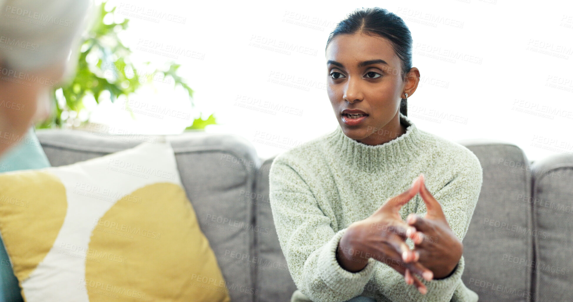 Buy stock photo Mental health, consultation and woman with therapist in office, discussion and listening to patient. Psychologist, help and counseling session for person with depression, talking or explaining trauma