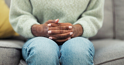 Buy stock photo Nervous, hands or woman with stress at therapy for PTSD, pressure or panic for trauma processing. Counseling, mental health or patient with anxiety on sofa for worry, vulnerable or emotional tension