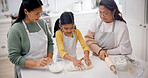 Mom, grandma and baking with child in kitchen for learning dough, skill or technique in home. Mother, grandmother or helping generation with daughter, junior baker or flour ingredients for recipe