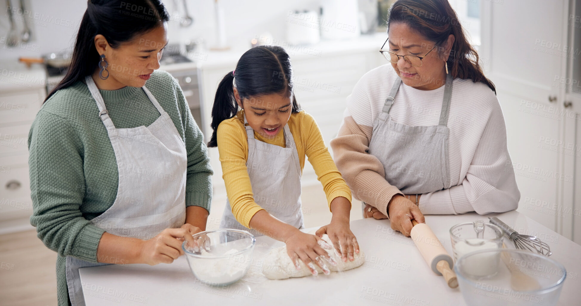 Buy stock photo Mom, grandma and baking with child in kitchen for learning dough, skill or technique in home. Mother, grandmother or helping daughter with generations, junior baker or flour ingredients for recipe