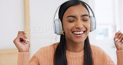 Buy stock photo Dancing, headphones and woman in home, listening to music and digital app for podcast. Subscription, smile and person in lounge, live streaming for radio and energy with online comedy and funny audio