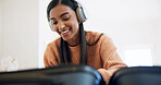 Pack, luggage or woman with headphones in home, holiday trip or streaming music for travel preparation. Smile, vacation playlist and person with organization of suitcase, getting ready and audio tech