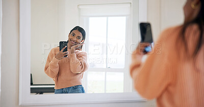 Buy stock photo Mirror, smile and woman with selfie in home, influencer post and audience update for outfit of the day. Photography, reflection and content creator with pose for picture, social media and apartment