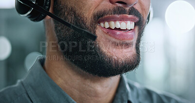 Buy stock photo Call center, microphone and smile with business man in office for contact us, crm and help desk. Customer support, mouth and tech hotline with person in agency for consulting, troubleshooting or chat