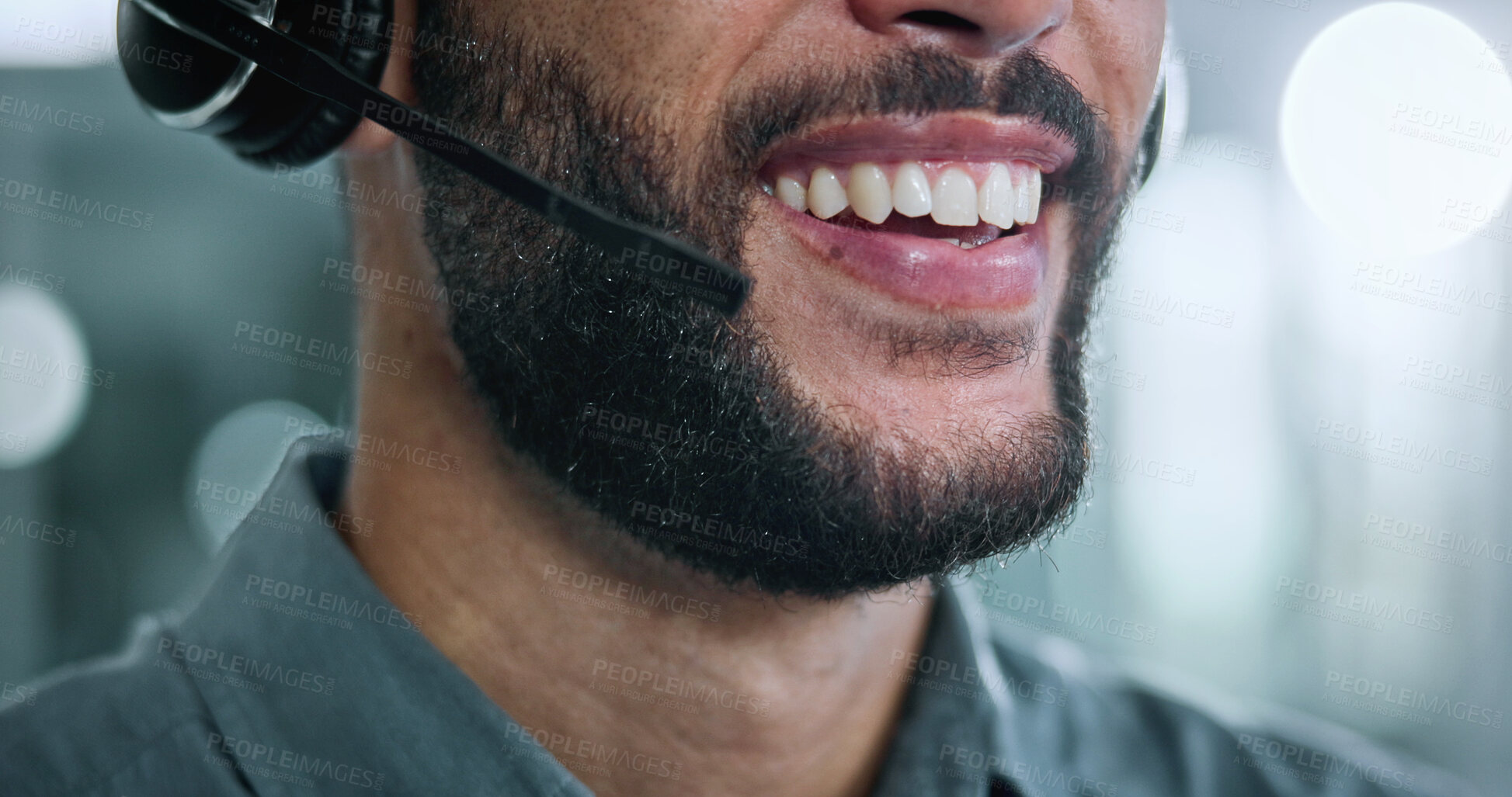 Buy stock photo Call center, microphone and smile with business man in office for contact us, crm and help desk. Customer support, mouth and tech hotline with person in agency for consulting, troubleshooting or chat