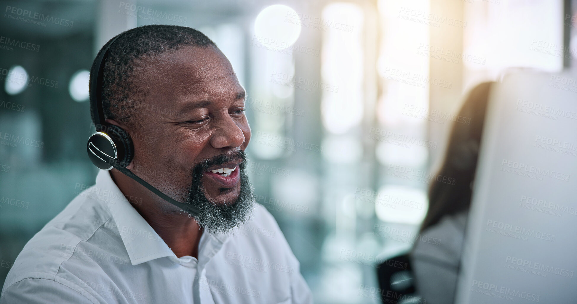 Buy stock photo Call center, agent and talk with business man in office for contact us, troubleshooting or help desk, Customer support, coworking and tech hotline with mature person in agency for consulting and chat