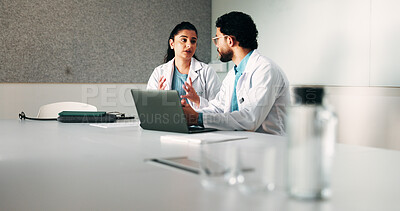 Buy stock photo Doctors, team and laptop with meeting at clinic in boardroom, explain and planning for healthcare. People, medical professional and insight with computer, feedback or wellness services at hospital