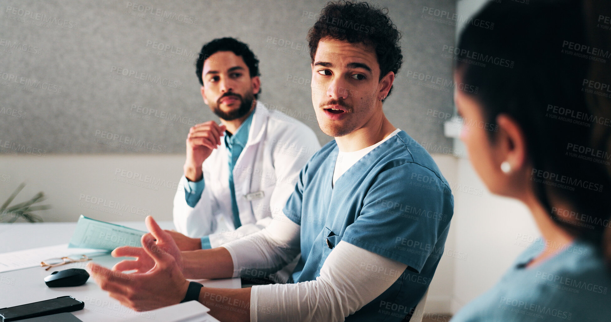 Buy stock photo Healthcare, people and meeting with team in hospital, discussion or brainstorming for treatment plan. Health specialist, talking and group with medical strategy, medicine and collaboration in clinic
