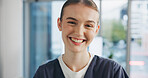 Happy, woman and portrait of nurse in hospital with confidence for career in medical service. Smile, nursing opportunity and female healthcare worker with pride for about us at clinic in London.
