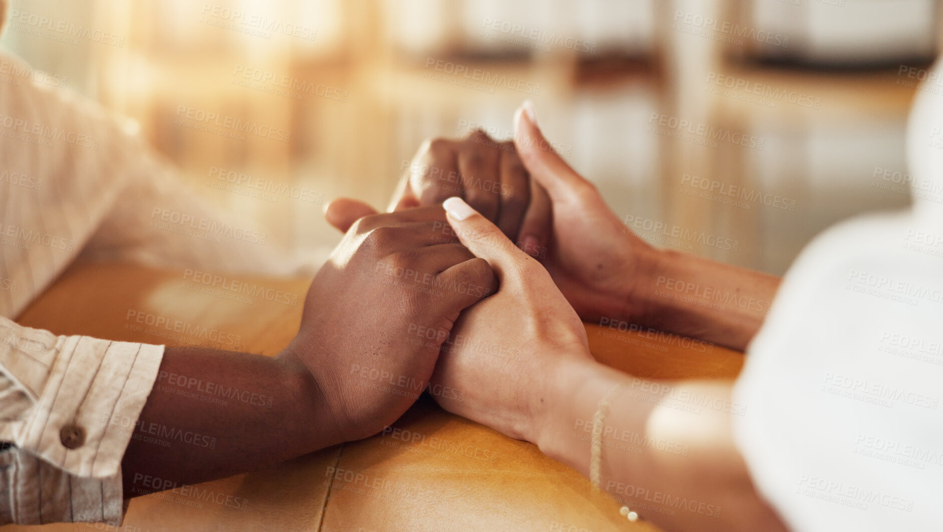 Buy stock photo Holding hands, support and couple on sofa in home with counseling for marriage repair together. Love, comfort and man with woman for connection in relationship with care, trust and compassion