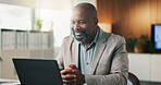 Mature, businessman and reading in office with laptop, finance and smile for risk assessment feedback. Black person, research and accounting in workplace with computer, good news and audit update.