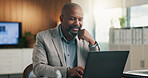 Business, man or smile with laptop in office for budget review, company risk assessment or insight. Financial analyst, mature black person or tech for income report, market trends or finance modeling