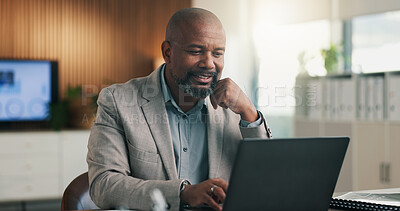 Buy stock photo Business, man or smile with laptop in office for budget review, company risk assessment or insight. Financial analyst, mature black person or tech for income report, market trends or finance modeling
