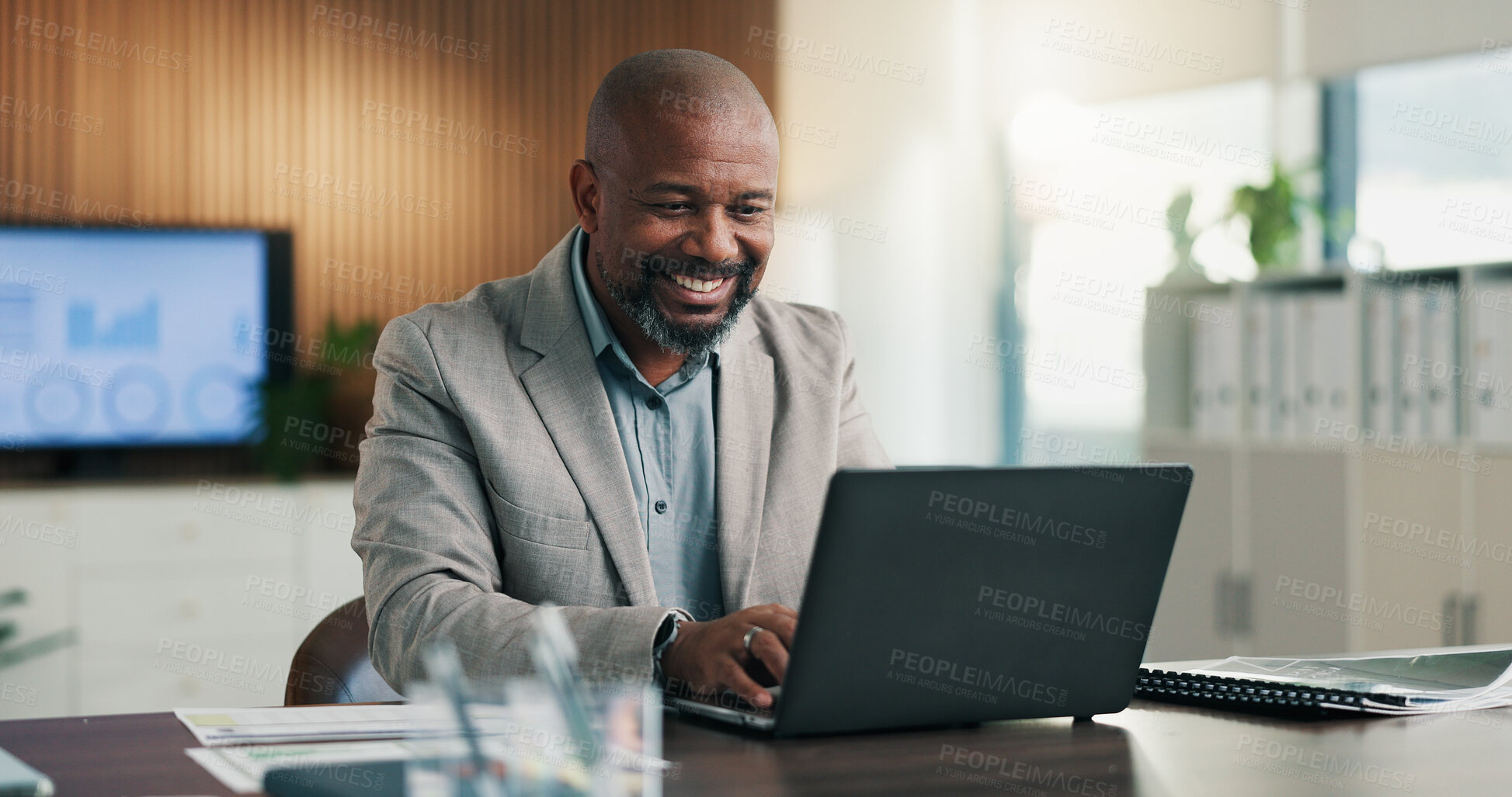Buy stock photo Business, man or happy on laptop in office for budget review, performance report or revenue growth. Financial analyst, mature black person or tech for risk assessment, market trends or finance profit