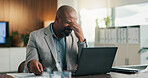 Business, headache and black man on laptop with stress, mistake and financial crisis for bankruptcy. Frustrated, office and mature person on computer with burnout, investment fail and audit deadline