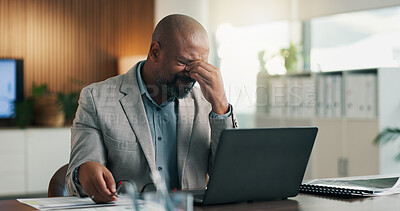 Buy stock photo Business, headache and black man on laptop with stress, mistake and financial crisis for bankruptcy. Frustrated, office and mature person on computer with burnout, investment fail and audit deadline