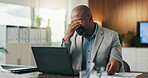 Mature, businessman and stress in office with laptop, headache or risk assessment fail for company loan. Black person, migraine and computer in workplace with finance crisis, debt or funding problem.