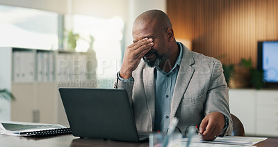 Buy stock photo Mature, businessman and stress in office with laptop, headache or risk assessment fail for company loan. Black person, migraine and computer in workplace with finance crisis, debt or funding problem.