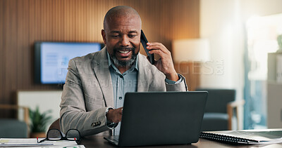 Buy stock photo Laptop, phone call and happy black man in office for feedback, compliance audit and chat. Talk, advisor and mature person with tech for regulation update, corporate policy or risk management advice