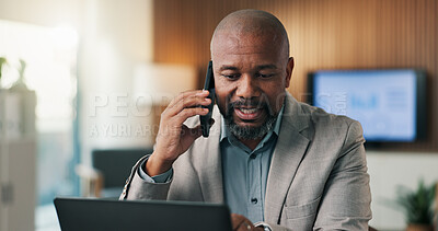 Buy stock photo Laptop, phone call and black man in office for communication, compliance audit or conversation. Talk, advisor and mature person with tech for regulation update,  corporate policy or risk management