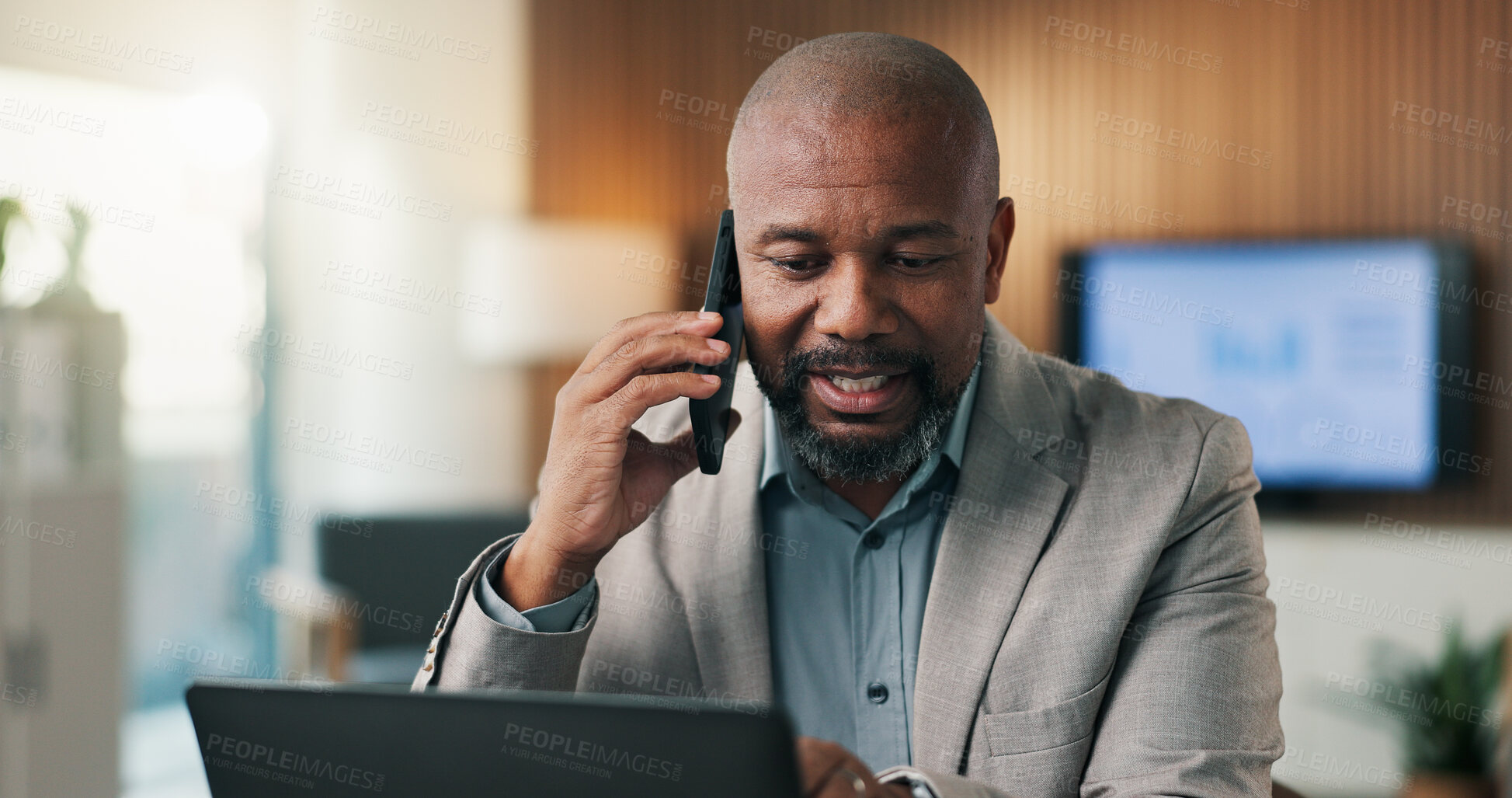 Buy stock photo Laptop, phone call and black man in office for communication, compliance audit or conversation. Talk, advisor and mature person with tech for regulation update,  corporate policy or risk management