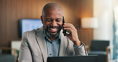Buy stock photo Laptop, phone call and happy black man in company for feedback, compliance audit and chat. Talk, advisor and mature person with tech for regulation update, corporate policy or risk management report