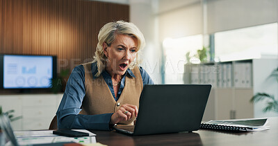 Buy stock photo Shock, woman or stress on laptop in business for phishing email, security breach or banking fraud. Accountant, mature person or worry with tech in office for missing audit report, job risk and crisis
