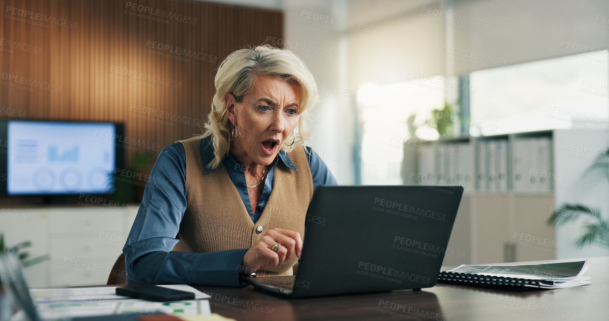 Buy stock photo Shock, woman or stress on laptop in business for phishing email, security breach or banking fraud. Accountant, mature person or worry with tech in office for missing audit report, job risk and crisis