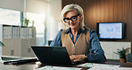 Smile, woman or research on laptop in office for data extraction, investment memo draft or email. Financial analyst, mature person and tech for budget forecasting, revenue graphs or finance reporting