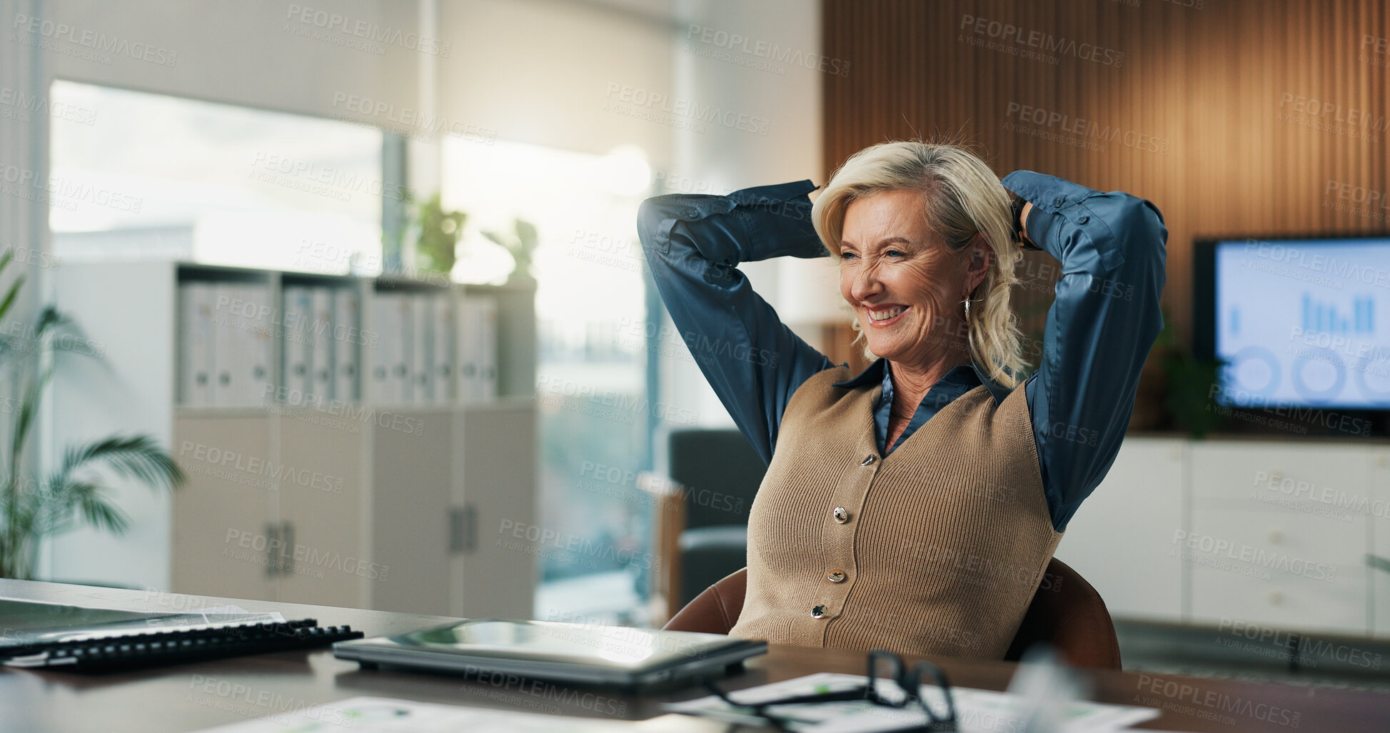 Buy stock photo Businesswoman, relax and stretching in office with smile, completed data analysis and sales report. Happy, mature person and analyst in workplace with graphs, thinking or done with stats forecasting.