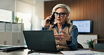 Laptop, phone call and business woman in company for accounting, audit data and budget update. Talk, auditor and mature person with tech for bookkeeping analysis, communication or financial review