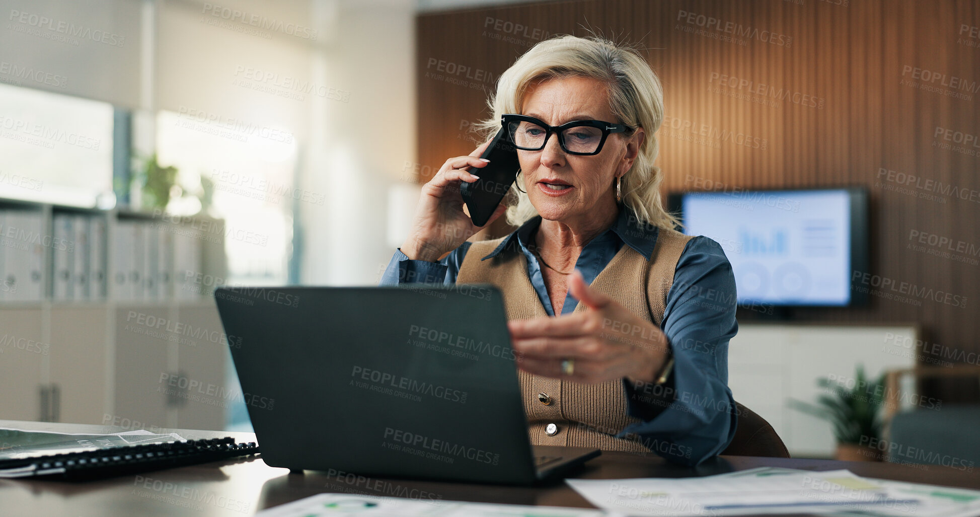 Buy stock photo Laptop, phone call and business woman in company for accounting, audit data and budget update. Talk, auditor and mature person with tech for bookkeeping analysis, communication or financial review