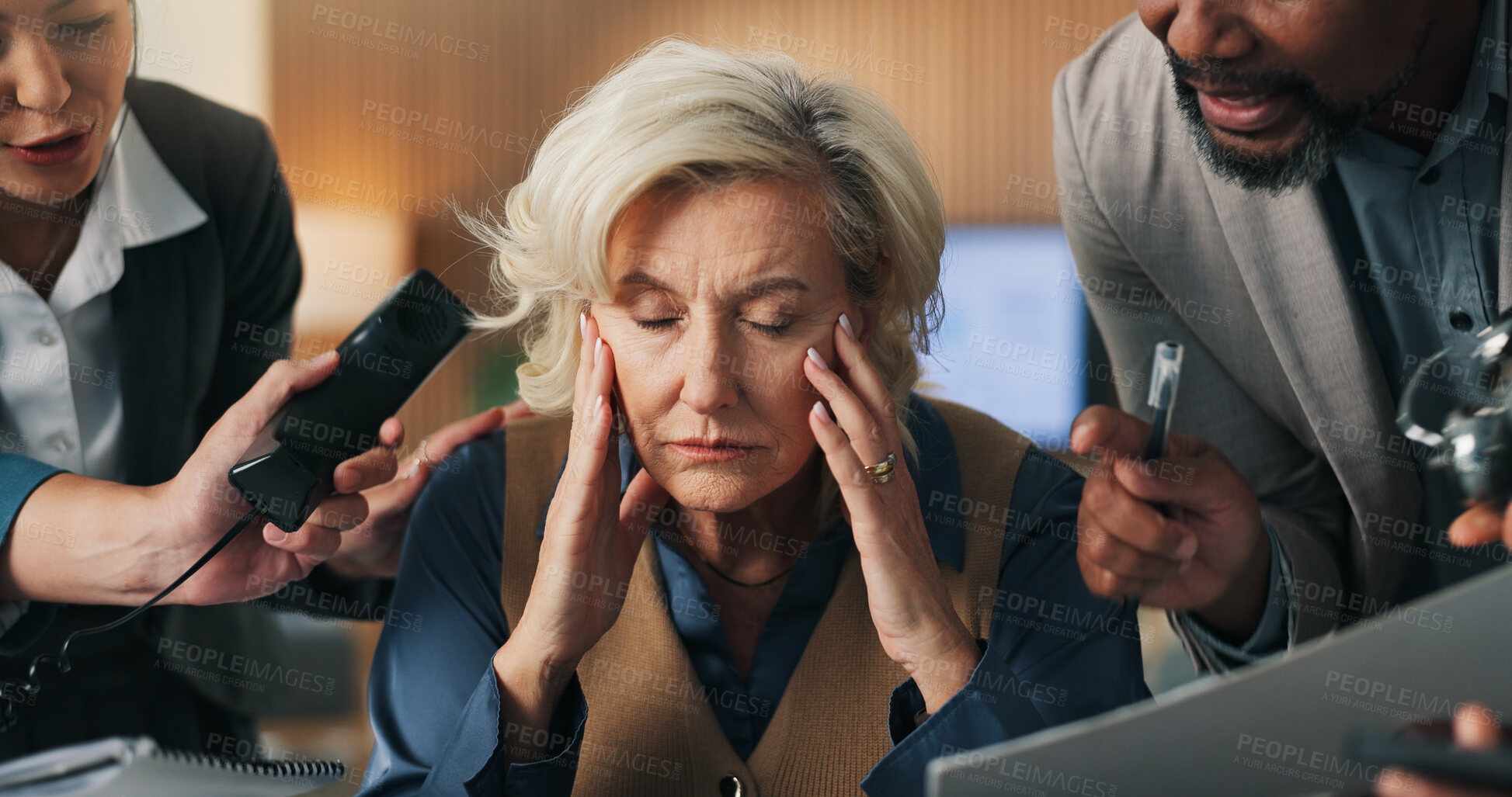 Buy stock photo Chaos, business and woman with headache, burnout or schedule crisis, documents and phone call. Migraine, office and mature person with time management, overwhelmed and deadline pressure with team