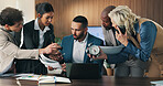 Stress, talking and chaos of business man with anxiety, burnout or schedule crisis, documents and laptop. Project problem, phone call and paperwork of manager, time management and conversation