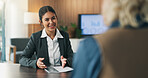 Interview, hiring and woman in office with resume, vacancy or meeting in onboarding process. Contract review, talk or recruiter in agency with document, candidate or proposal for career opportunity