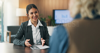 Buy stock photo Interview, hiring and woman in office with resume, vacancy or meeting in onboarding process. Contract review, talk or recruiter in agency with document, candidate or proposal for career opportunity