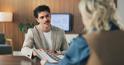 Buy stock photo Interview, hiring and man in office with resume, discussion or meeting in onboarding process. Contract review, talk or recruiter in agency with document, candidate or proposal for career opportunity