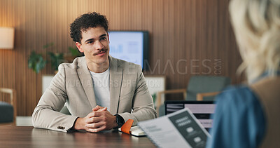 Buy stock photo Interview, hiring and man in office with portfolio, resume or meeting in onboarding process. Contract review, talk or recruiter in agency with document, candidate or proposal for career opportunity
