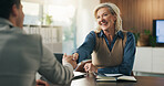 Interview, hiring and woman in office with handshake, offer or meeting in onboarding process. Contract, mature recruiter or talk in agency with resume, candidate or proposal for career opportunity