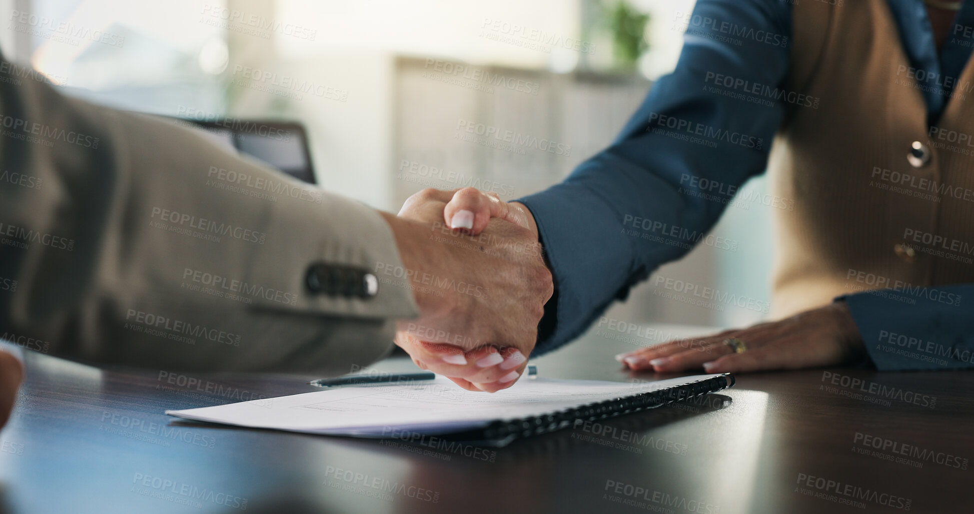 Buy stock photo Shaking hands, hiring and people in office with interview, offer or meeting in onboarding process. Contract, recruiter or handshake in agency with resume, candidate or proposal for career opportunity