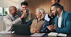 Excited, business people and high five with applause on laptop for team promotion or success in office. Celebration, employees and clapping with winning, tech and good news or company achievement
