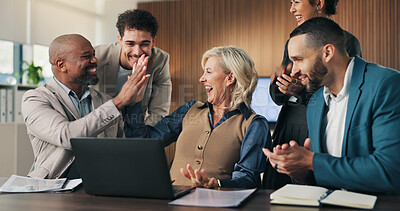 Buy stock photo Excited, business people and high five with applause on laptop for team promotion or success in office. Celebration, employees and clapping with winning, tech and good news or company achievement