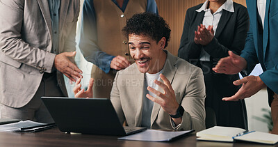 Buy stock photo Businessman, team and applause in office with laptop, investment opportunity and excited for deal. Happy, person and coworkers clap in meeting with computer, achievement or success for funding offer.