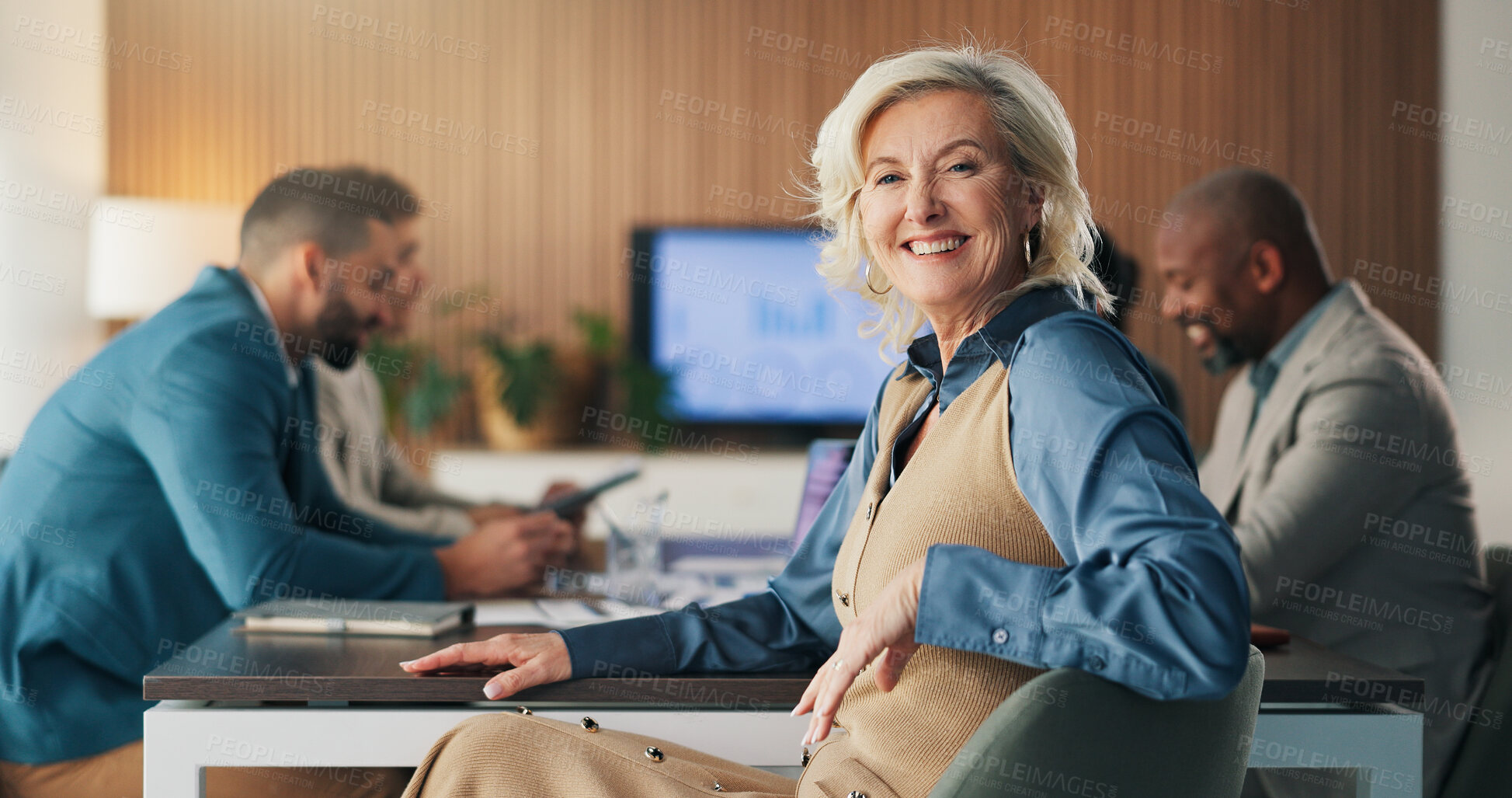 Buy stock photo Portrait, corporate and woman in meeting with smile, career pride and about us for accounting. Happy, mature person and office with employees, positive attitude and confidence at investment company
