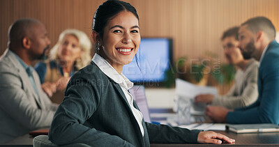 Buy stock photo Happy, business and woman in meeting with portrait, career pride and about us for accounting. Smile, female person and workplace with employees, positive attitude and confidence at investment company