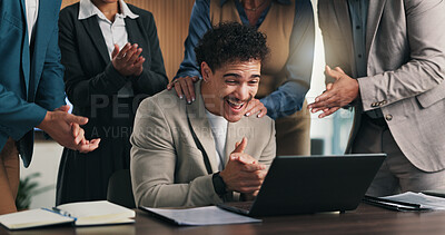 Buy stock photo Celebration, businessman and team with applause on laptop for promotion bonus or success in office. Excited, employees and clapping hands with winning, tech and good news or company achievement