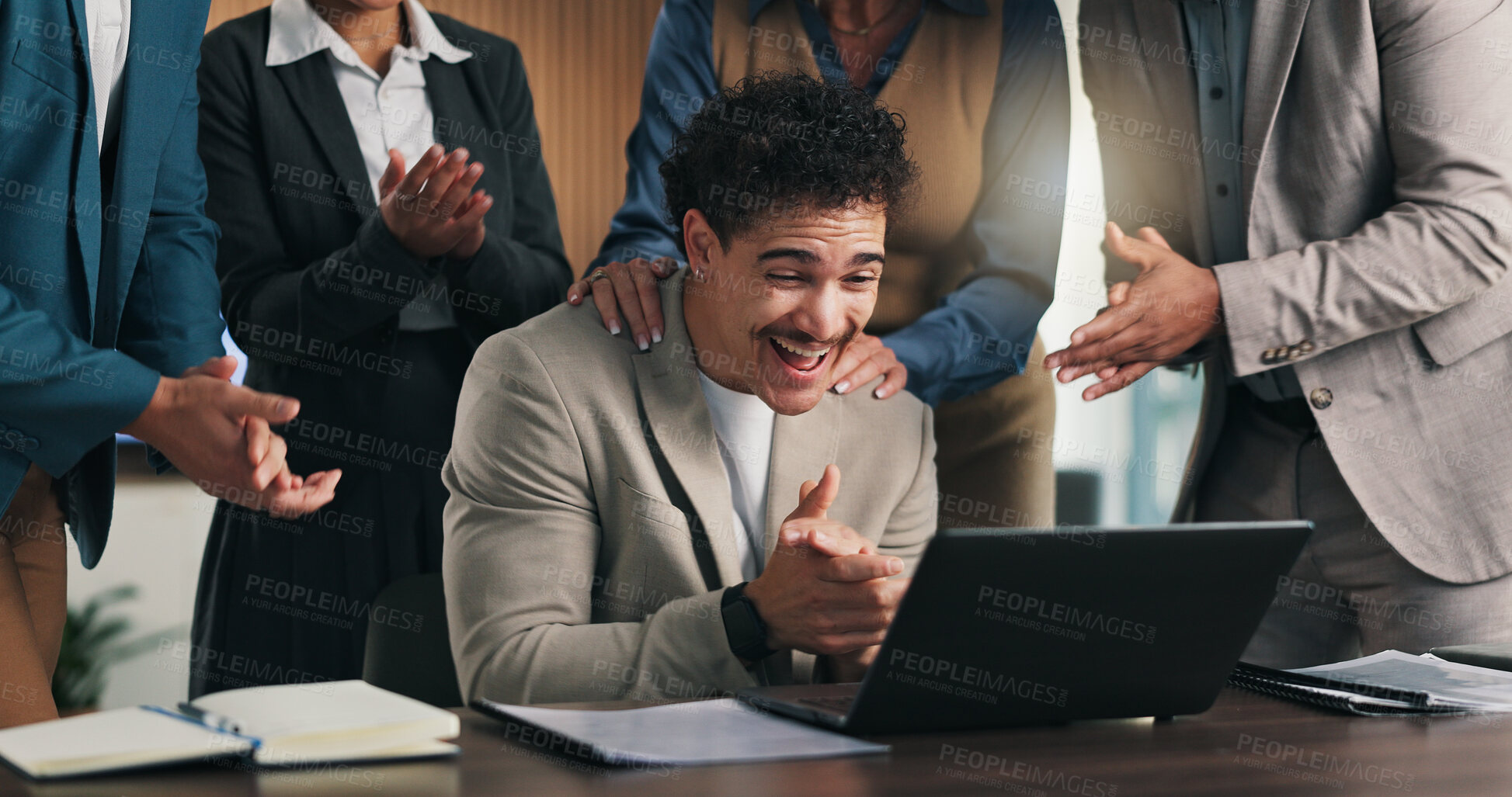 Buy stock photo Celebration, businessman and team with applause on laptop for promotion bonus or success in office. Excited, employees and clapping hands with winning, tech and good news or company achievement