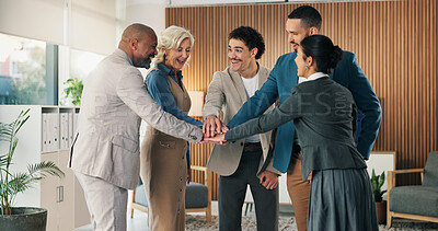 Buy stock photo Teamwork, business people and stack hands in office for cooperation, support and goal motivation. Group, excited and collaboration with employees for solidarity, mission or cohesion with diversity