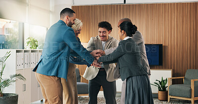 Buy stock photo Team building, business people and stack hands in office for cooperation, support or goal motivation. Group, excited or collaboration with employees for solidarity, mission or cohesion with diversity